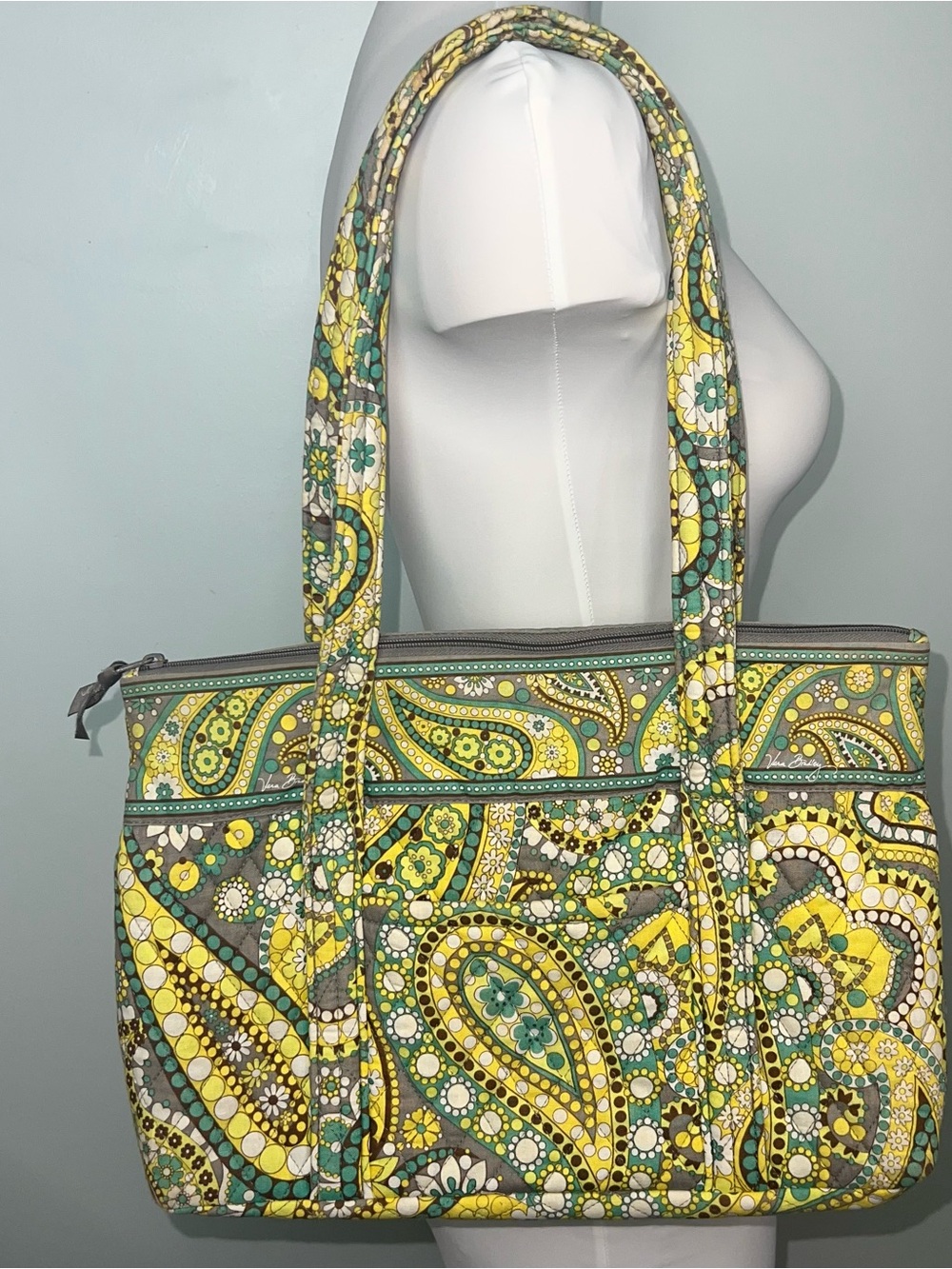 Vera Bradley Paisley Tote Bag Yellow Green Gray Quilted Cotton Purse